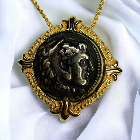 14k Gold Ancient Alexander The Great Coin Necklace 16" Etruscan Revival 7.2g - Picture 2 of 16